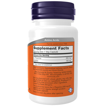 NOW Foods Supplements, L-Theanine 200 mg with Inositol, Stress Management*, 60 Veg Capsules