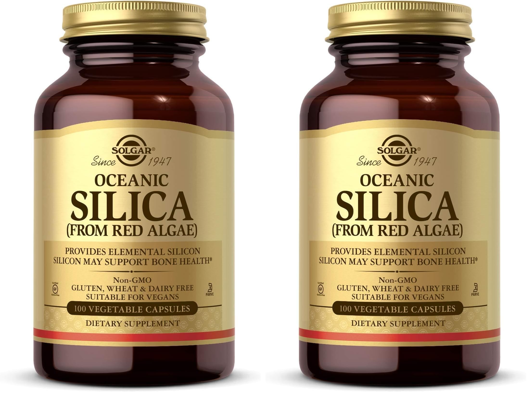 Solgar Oceanic Silica from Red Algae 25 mg,100 Vegetable Capsules - Excellent Source of Calcium,Supports Bone Health - Non-GMO,Vegan,Gluten Free,Dairy Free,Kosher - 50 Servings,(Pack of 2)