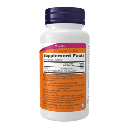 NOW Foods Supplements, Vitamin D-3 1,000 IU, High Potency, Structural Support*, 360 Softgels