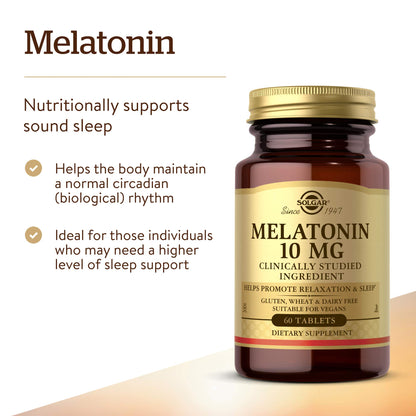 Solgar Melatonin 10mg, 60 Tablets - High Dosage, Vegan, Gluten Free, Kosher