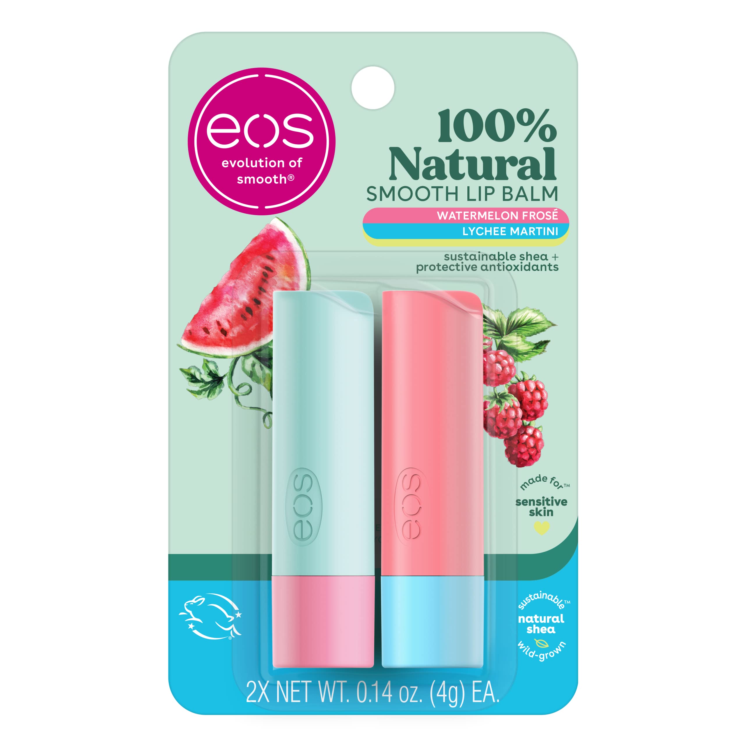 eos 100% Natural Lip Balm Sticks- Watermelon Frosé & Lychee Martini, 2-Pack