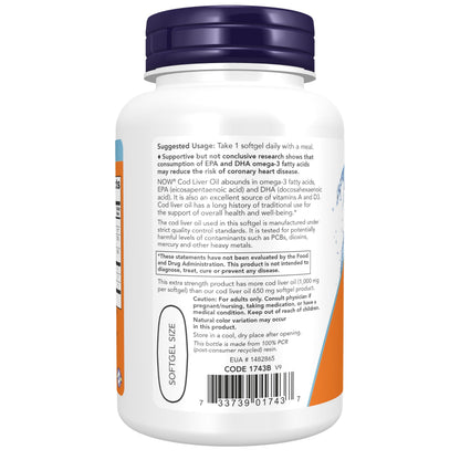 NOW Foods Supplements, Cod Liver Oil, Extra Strength 1,000 mg with Vitamins A & D-3, EPA, DHA, 90 Softgels