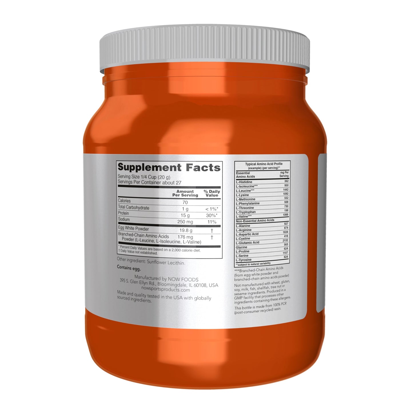 NOW Foods Sports Nutrition, Egg White Protein, 16 g With BCAAs, Unflavored Powder, 1.2-Pound