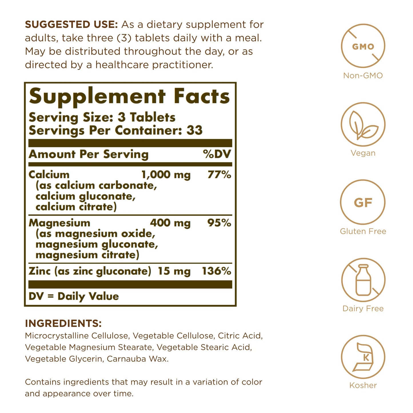 Solgar Calcium Magnesium Plus Zinc, 100 Tablets (Pack of 2) - Promotes Healthy Bones and Teeth - Supports Nerve & Muscle Function - Non-GMO, Vegan, Gluten Free, Dairy Free, Kosher - 66 Total Servings