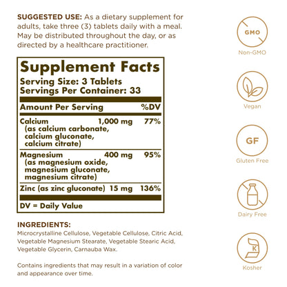 Solgar Calcium Magnesium Plus Zinc, 100 Tablets (Pack of 3) - Promotes Healthy Bones and Teeth - Supports Nerve & Muscle Function - Non-GMO, Vegan, Gluten Free, Dairy Free, Kosher - 100 Total Servings