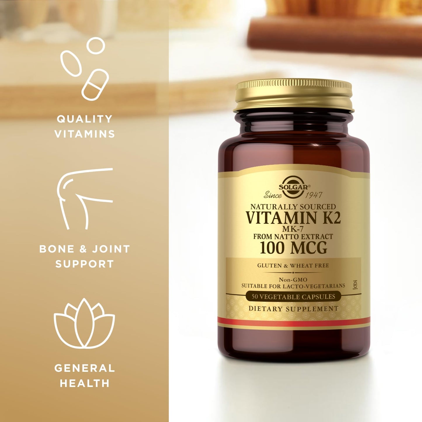Solgar Naturally Sourced Vitamin K2 (MK-7) 100 mcg - 50 Vegetable Capsules, Pack of 2 - Supports Bone Health - Whole Food Source from Natto Extract - Non-GMO, Gluten Free - 100 Total Servings