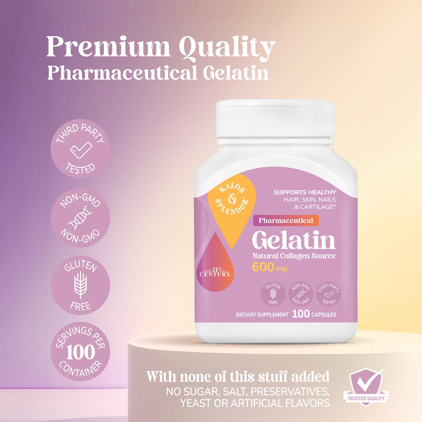 21st Century Gelatin 600mg Capsules for Hair, Skin & Nails, 100 Count