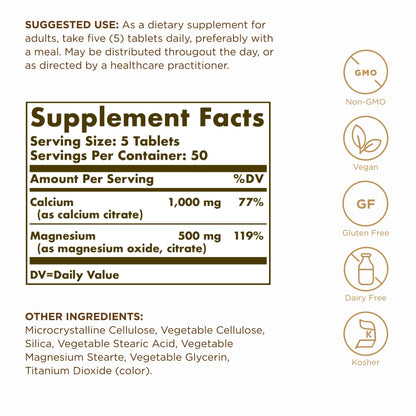Solgar Calcium Magnesium Citrate, 250 Tablets (Pack of 2) - Supports Healthy Bones & Teeth - Musculoskeletal & Nervous System Support - Highly Absorbable - Non-GMO and Vegan - 100 Total Servings