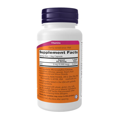 NOW Foods Supplements, Biotin 5,000 mcg, Amino Acid Metabolism*, Energy Production*, 60 Veg Capsules