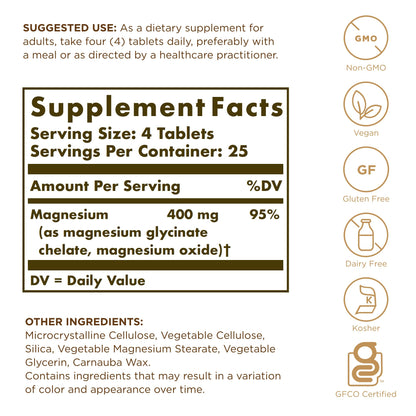 Solgar Chelated Magnesium - 100 Tablets - Supports Nerve & Muscle Function - Non-GMO, Vegan, Gluten Free, Dairy Free, Kosher - 25 Servings