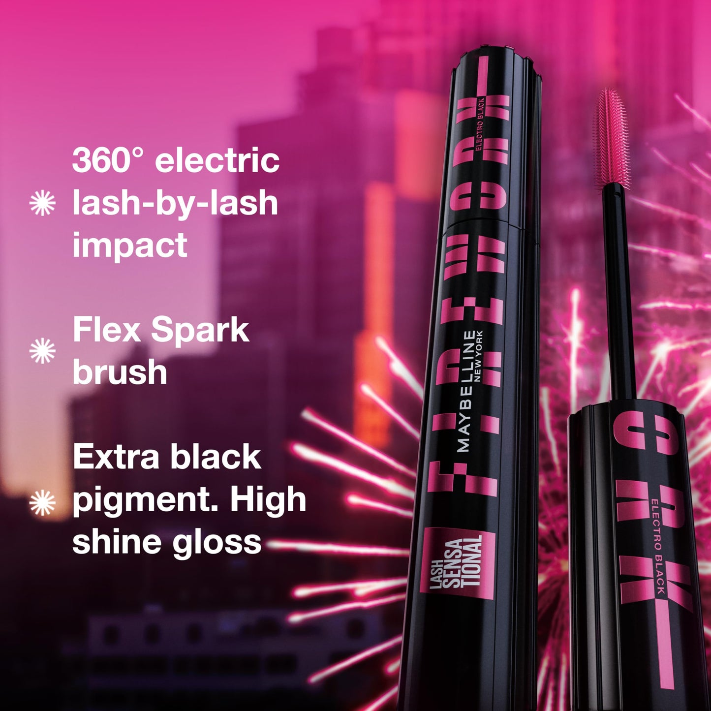 Maybelline Lash Sensational Firework Washable Mascara, Lengthening & Volumizing Mascara for up to 24HR wear, Electro Black, 1 Count