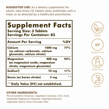 Solgar Calcium Magnesium Plus Boron - 250 Tablets - Promotes Bone Health, Supports Nerve & Muscle Function - With Boron for Calcium Metabolism - Vegan, Gluten Free, Dairy Free, Kosher - 83 Servings