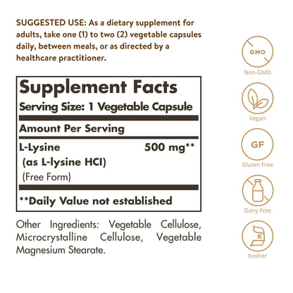 Solgar L-Lysine 500 mg, 250 Vegetable Capsules - Collagen Support - Non-GMO
