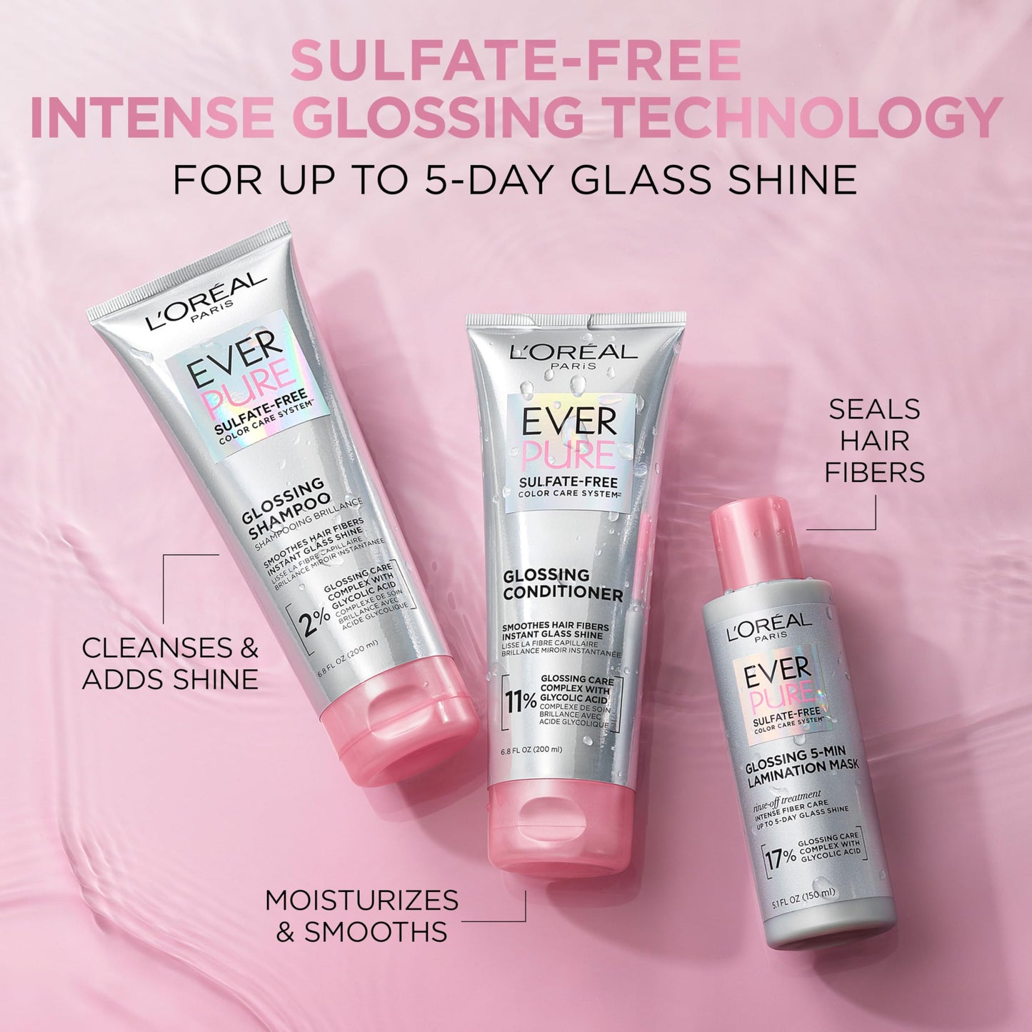 L'Oreal Paris Sulfate Free Glossing Lamination Hair Mask, 5-Minute Rinse-Off Hair Treatment with Glycolic Acid for Glass Shine, Smoothness & Soft Feel, Color Caring, EverPure, 5.1 Fl Oz