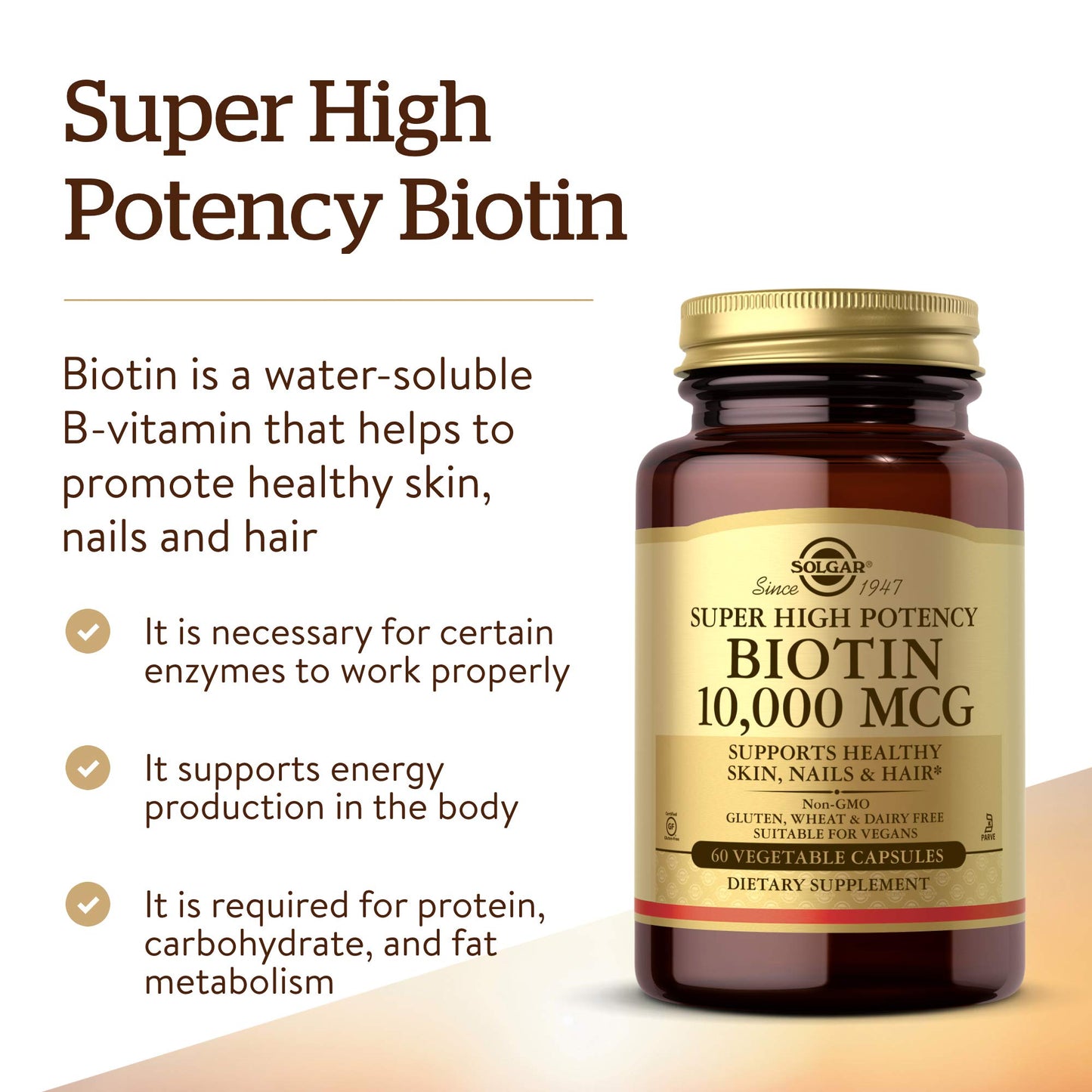 Solgar Biotin 10,000 mcg, 60 Vegetable Capsules - Non-GMO, Gluten Free