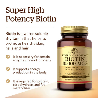 Solgar Biotin 10,000 mcg, 60 Vegetable Capsules - Non-GMO, Gluten Free