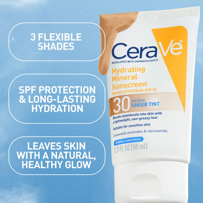 CeraVe Tinted Sunscreen for Face, Mineral SPF 30 Moisturizer, Medium, 1.7oz