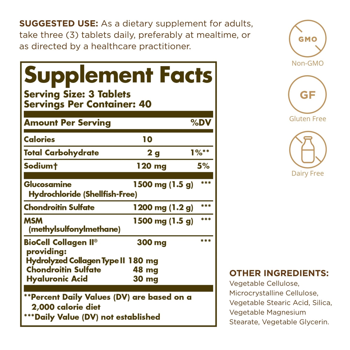 Solgar Glucosamine Hyaluronic Acid Condroitin MSM (Shellfish-Free) 120 Tablets - 2 Bottles