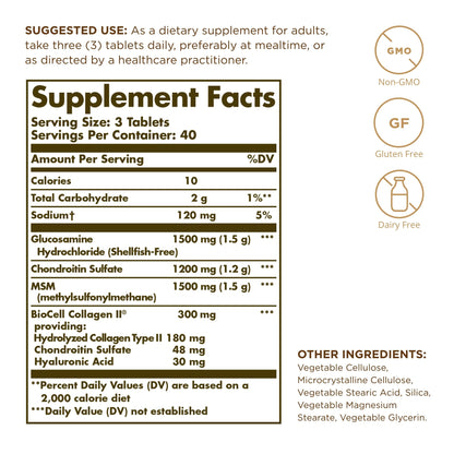Solgar Glucosamine Hyaluronic Acid Condroitin MSM (Shellfish-Free) 120 Tablets - 2 Bottles
