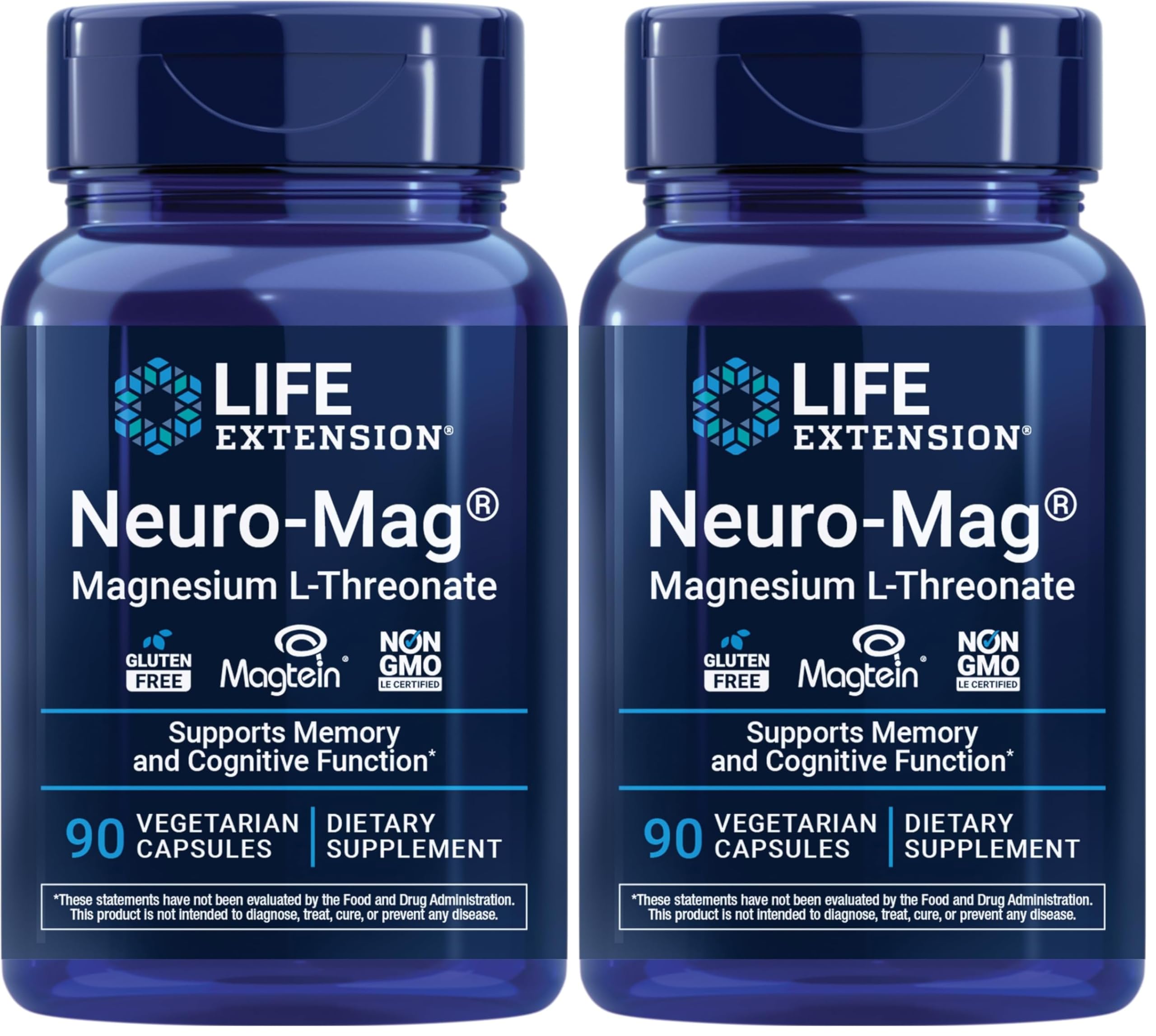 Life Extension Neuro-Mag Magnesium L-Threonate, Memory Health, Quick Thinking, Cognitive Health Support, Vegetarian, Non-GMO, 90 Vegetarian Capsules (144 mg from 2000 mg Magtein Magnesium (Pack of 2)