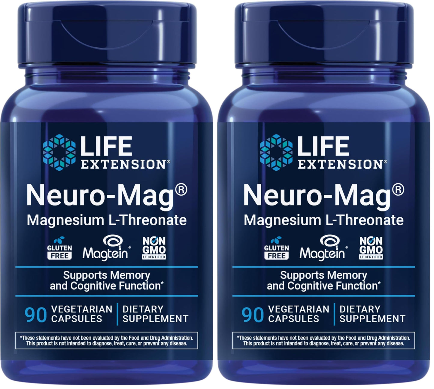 Life Extension Neuro-Mag Magnesium L-Threonate, Memory Health, Quick Thinking, Cognitive Health Support, Vegetarian, Non-GMO, 90 Vegetarian Capsules (144 mg from 2000 mg Magtein Magnesium (Pack of 2)