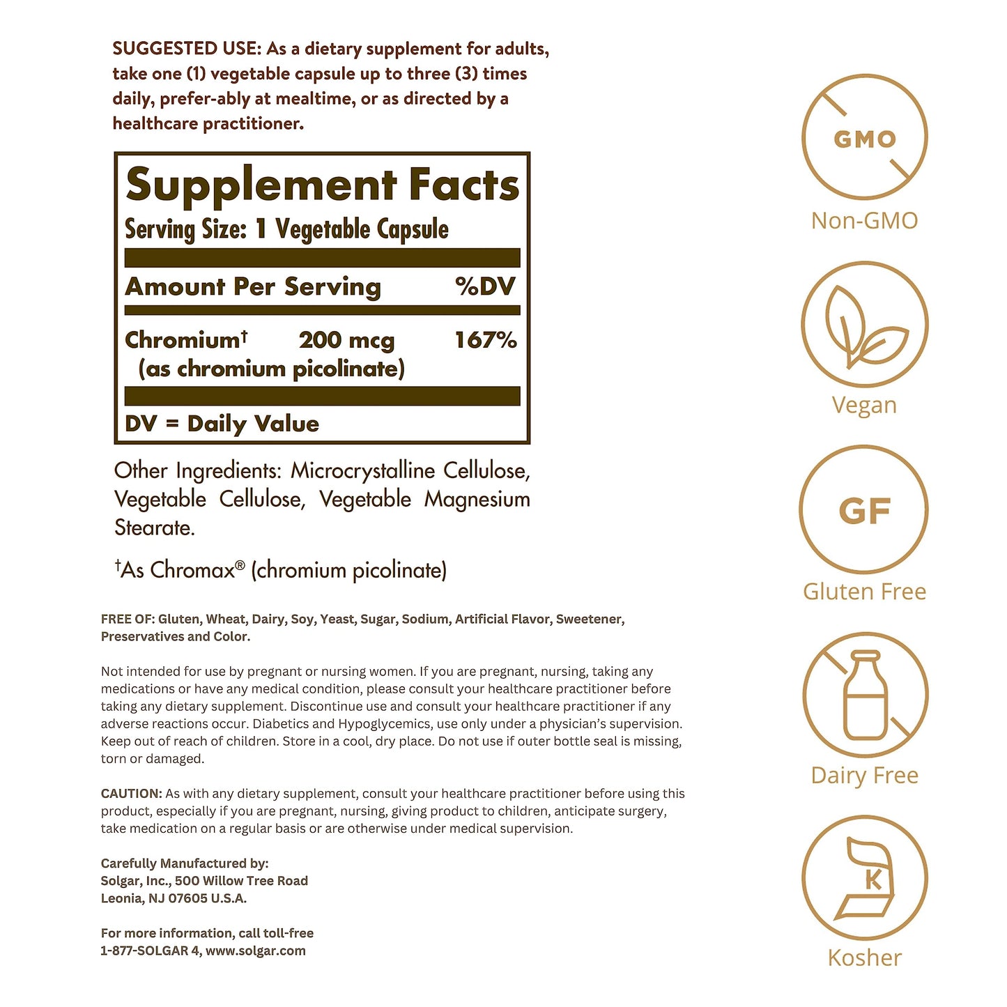 Solgar Chromium Picolinate 200 mcg, 180 Vegetable Capsules - Gluten Free