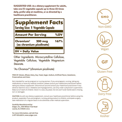 Solgar Chromium Picolinate 200 mcg, 180 Vegetable Capsules - Gluten Free