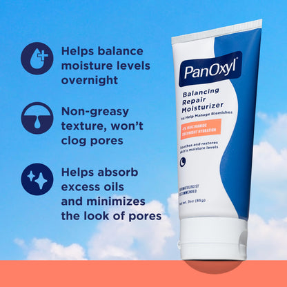 PanOxyl PM Balancing Repair Moisturizer with Niacinamide, Ceramides and Cica, Hydrating Face Moisturizer, Acne Prone Skin and Dry Skin, Non-Comedogenic Night Face Moisturizer, 3 oz (Pack of 2)