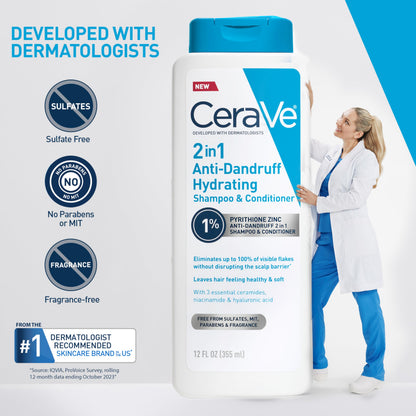 CeraVe 2 In 1 Hydrating Anti Dandruff Shampoo And Conditioner, 12 Fl Oz