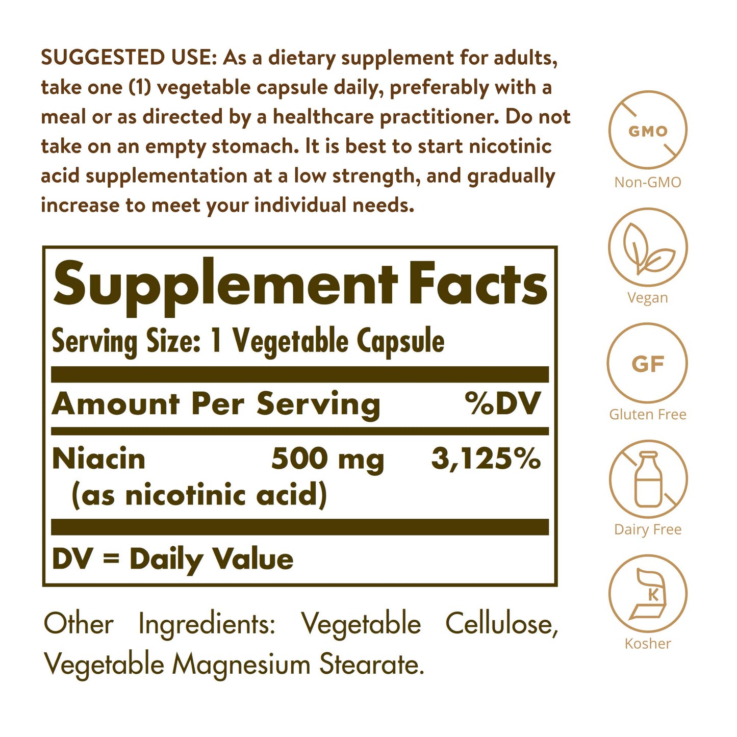 Solgar Niacin (Vitamin B3) 500 mg, 250 Vegetable Capsules - Energy Metabolism - Non-GMO, Vegan, Gluten Free, Dairy Free, Kosher - 250 Servings