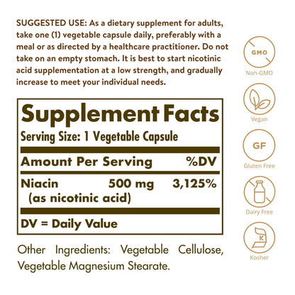 Solgar Niacin (Vitamin B3) 500 mg, 250 Vegetable Capsules - Energy Metabolism - Non-GMO, Vegan, Gluten Free, Dairy Free, Kosher - 250 Servings