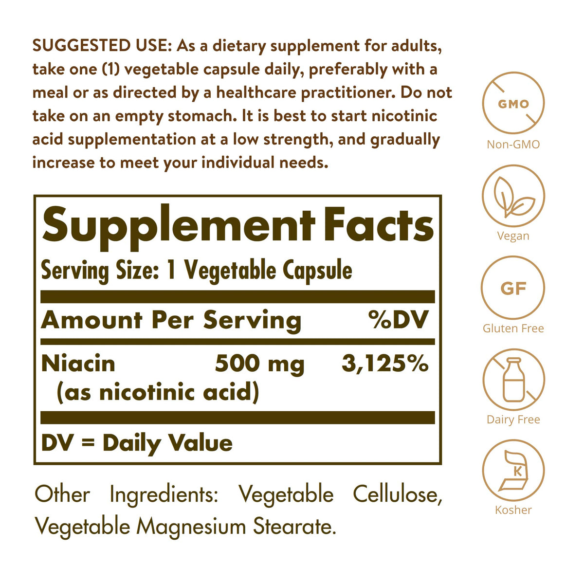Solgar Niacin (Vitamin B3) 500 mg, 250 Vegetable Capsules - Energy Metabolism - Non-GMO, Vegan, Gluten Free, Dairy Free, Kosher - 250 Servings