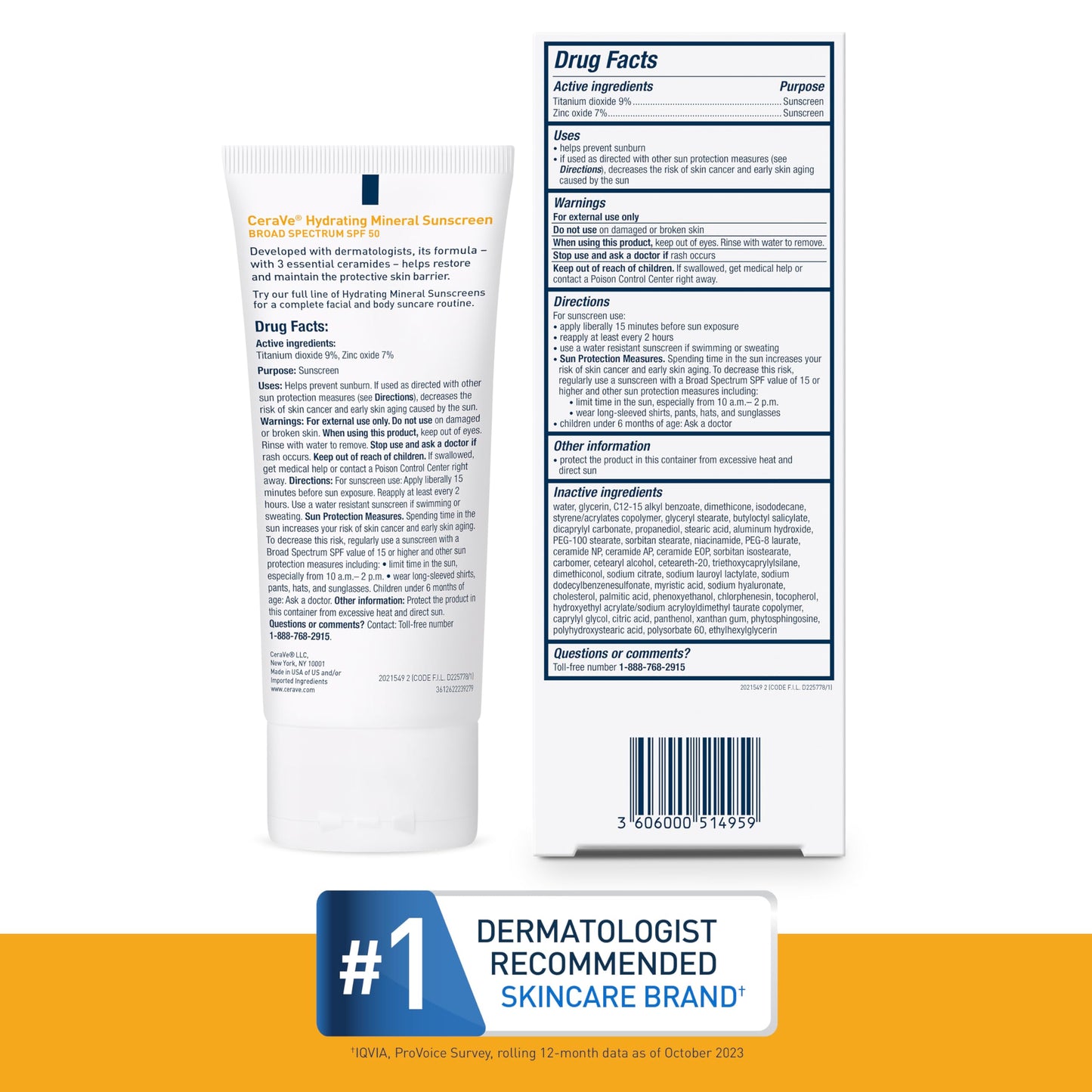 CeraVe Hydrating Mineral Sunscreen SPF 50 Face Sunscreen, Travel Size 2.5oz