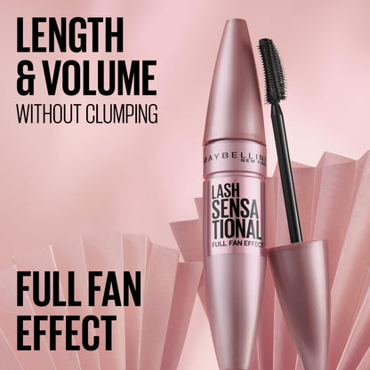 Maybelline Lash Sensational Washable Mascara, Lengthening and Volumizing for a Full Fan Effect, Blackest Black, 1 Count