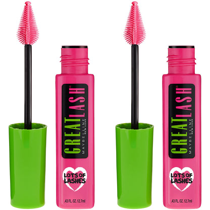 Maybelline Great Lash Lots Of Lashes Washable Mascara, Volumizing, Thickening and Curling Mascara, Blackest Black, 2 Count