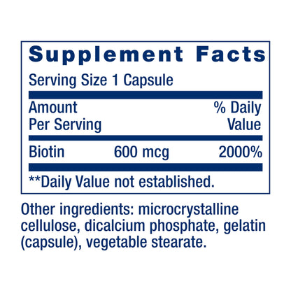 Life Extension Biotin 600 mcg Vitamin B7 Support Supplement for Beautiful Hair, Nails & Beyond – Gluten-Free, Non-GMO - 100 Capsules