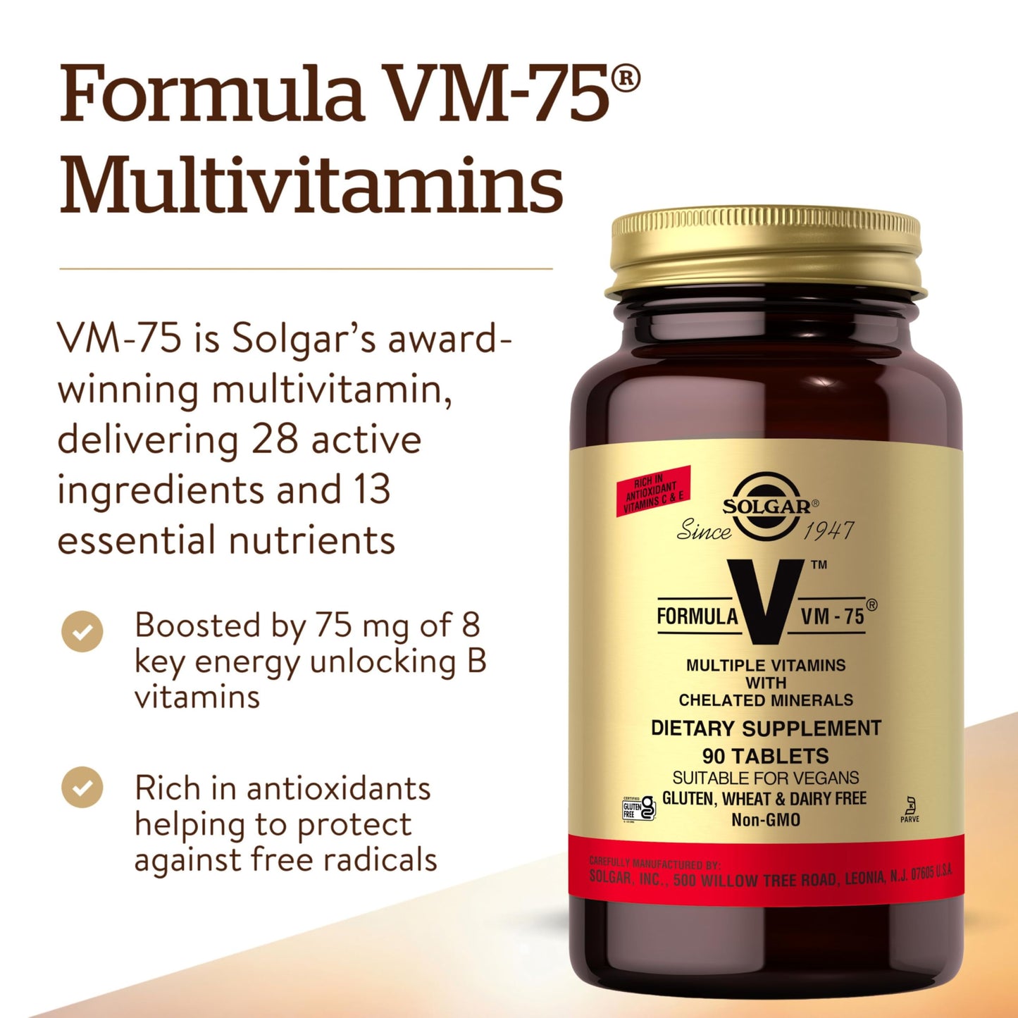 Solgar Formula VM-75, 90 Tablets - Vitamin A, B6, B12, C, D, E, Vegan