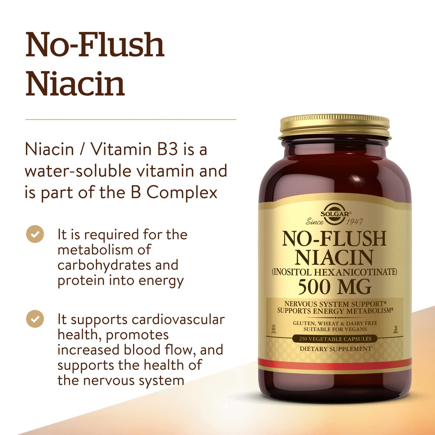 Solgar No-Flush Niacin 500 mg, 250 Vegetable Capsules - No-Flush Delivery
