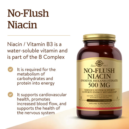 Solgar No-Flush Niacin 500 mg, 250 Vegetable Capsules - No-Flush Delivery