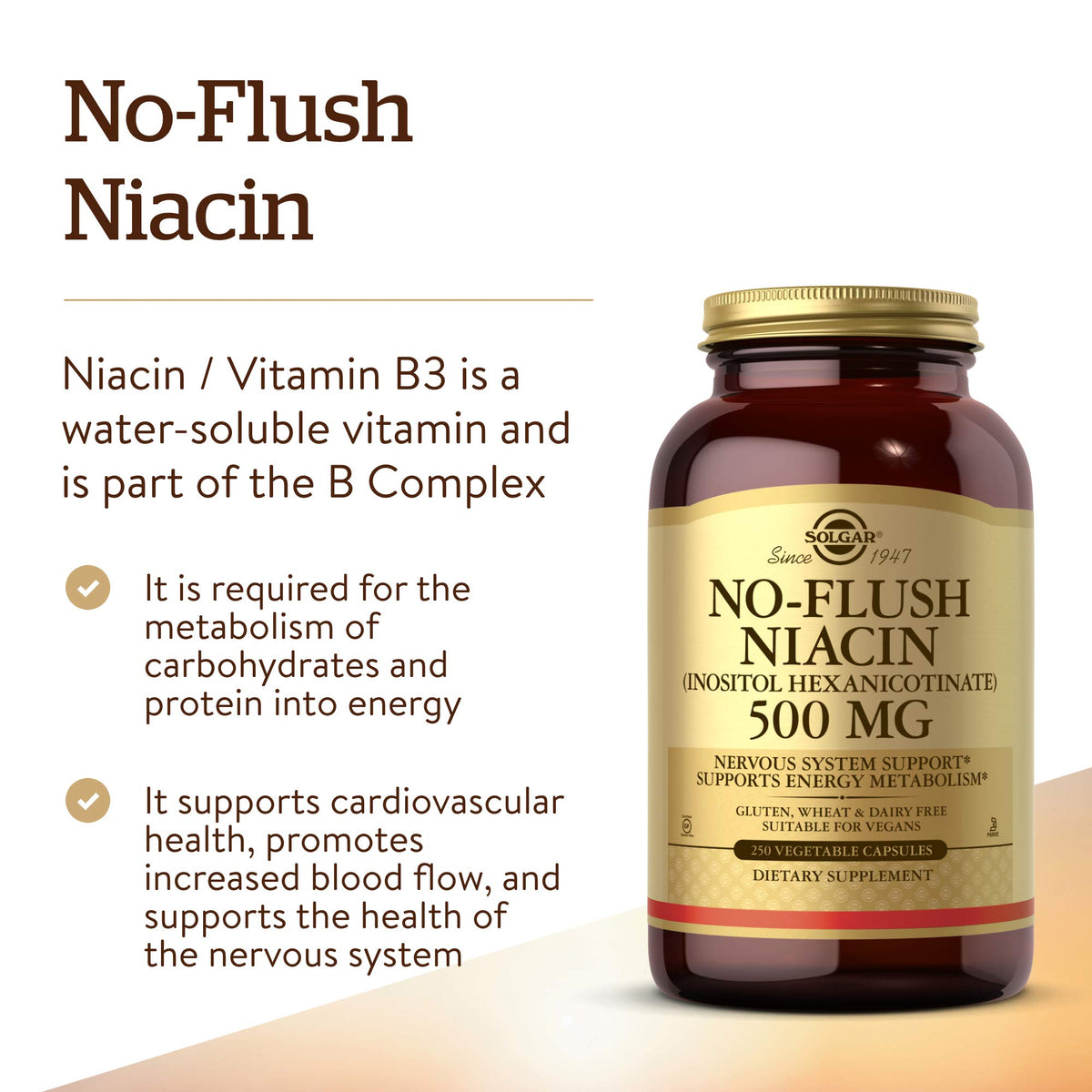 Solgar No-Flush Niacin 500 mg, 250 Vegetable Capsules - No-Flush Delivery