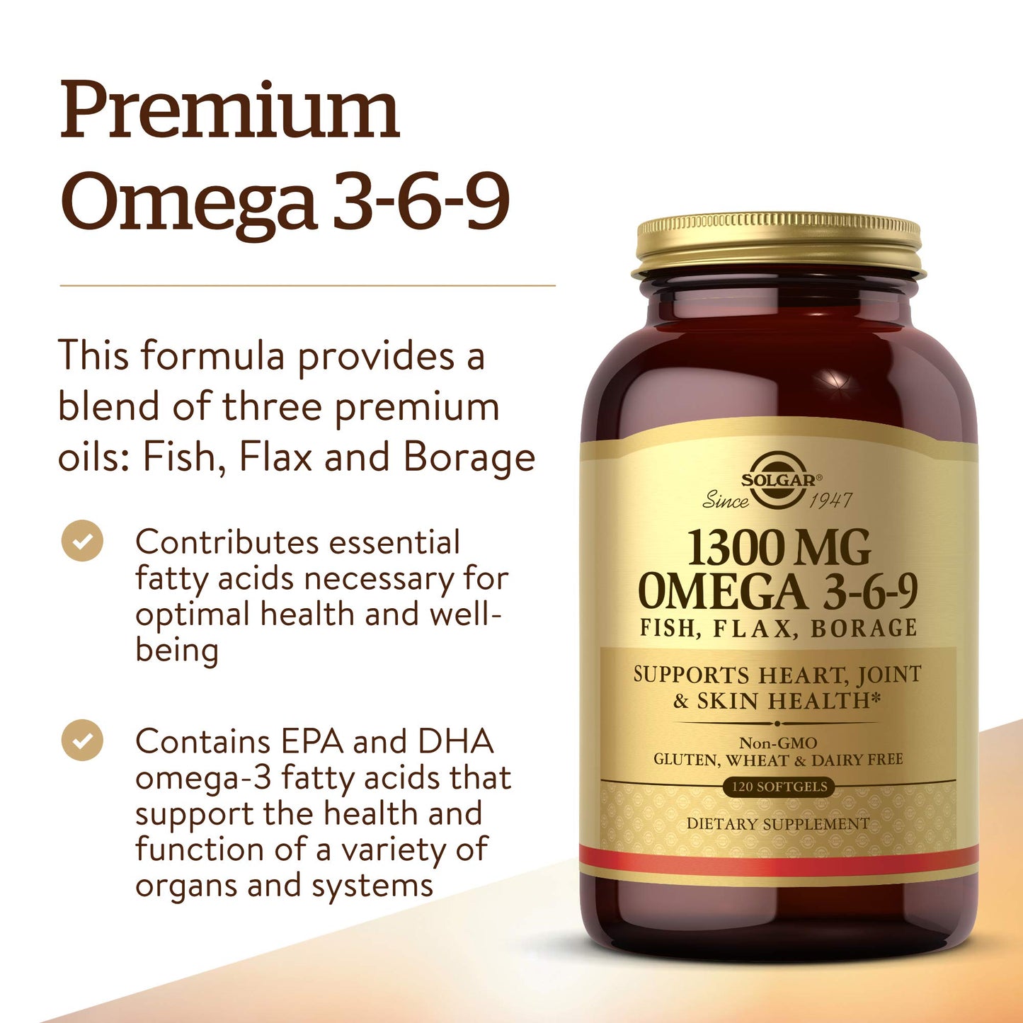 Solgar 1300 mg Omega 3-6-9, 120 Softgels - Fish Oil Supplement - Support for Joint & Skin Health - Includes Flaxseed & Borage - Contains EPA & DHA Omega 3 Fatty Acids - 40 Servings