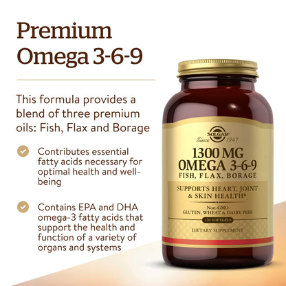 Solgar 1300 mg Omega 3-6-9, 120 Softgels - Fish Oil Supplement - Support for Joint & Skin Health - Includes Flaxseed & Borage - Contains EPA & DHA Omega 3 Fatty Acids - 40 Servings