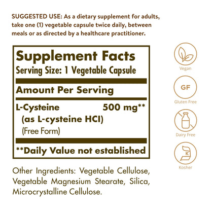 Solgar L-Cysteine 500 mg, 90 Vegetable Capsules - Free Form Amino Acid