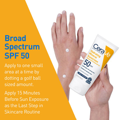 CeraVe Hydrating Mineral Sunscreen SPF 50 Face Sunscreen, Travel Size 2.5oz