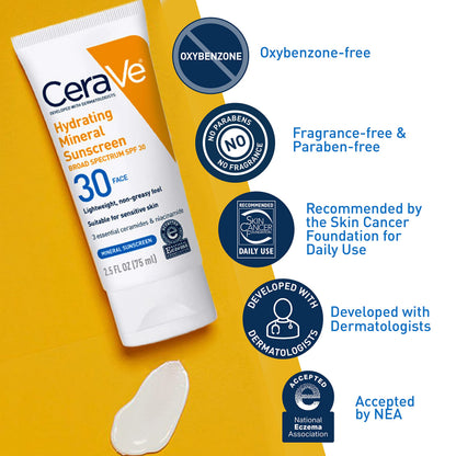 CeraVe Hydrating Mineral Sunscreen SPF 30 with Hyaluronic Acid, 2.5oz