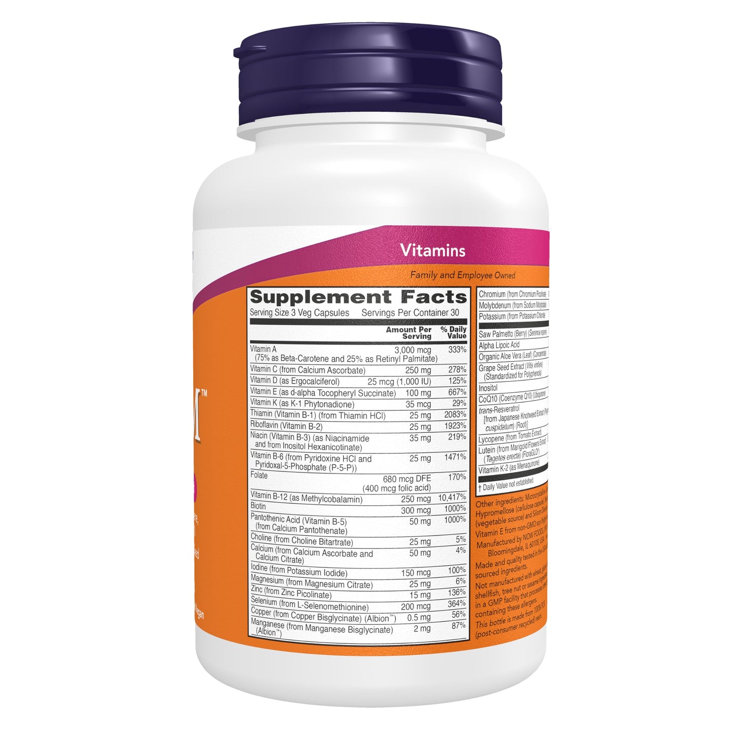 NOW Foods Supplements, ADAM™ Men's Multivitamin with Saw Palmetto, Lycopene, Alpha Lipoic Acid and CoQ10, Plus Natural Resveratrol & Grape Seed Extract, 90 Veg Capsules