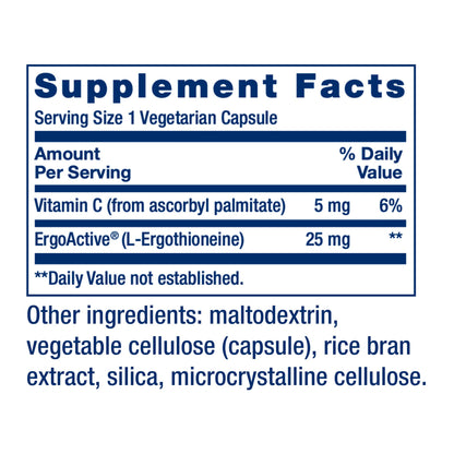 Life Extension Mega L-Ergothioneine, Healthy Aging Amino Acid, antioxidant, Powerful 25 mg dose, L-ergothioneine, Gluten-Free, Non-GMO, Vegetarian, 30 Capsules