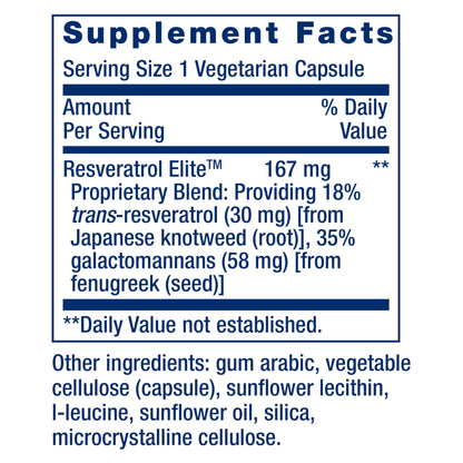 Life Extension Resveratrol Elite, Trans-resveratrol, Healthy Aging, Cardiovascular Health, Brain Health, oxidative Stress, Gluten-Free, Non-GMO, Vegetarian, 30 Capsules