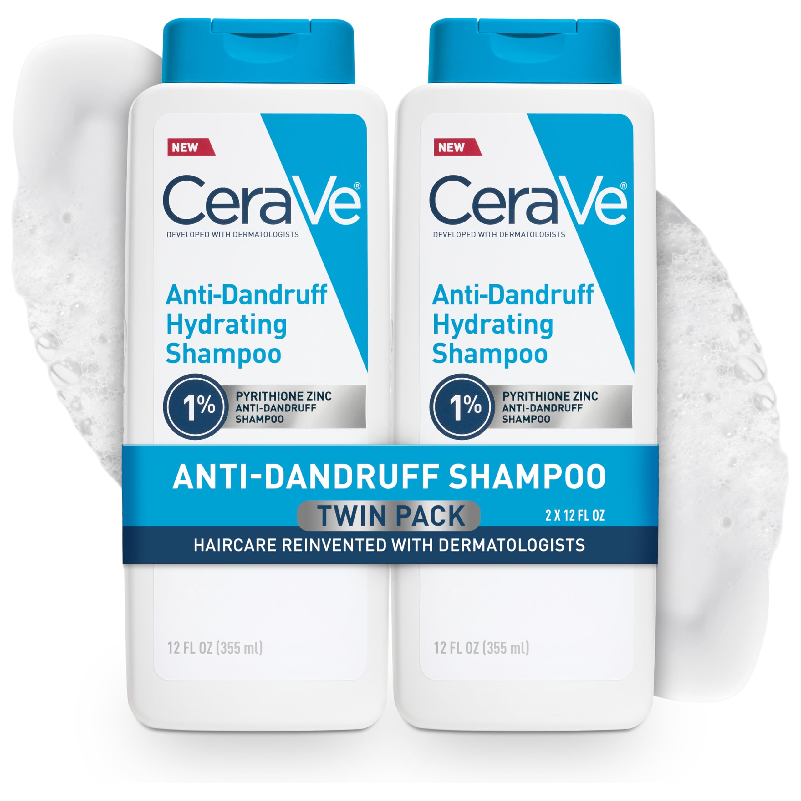 CeraVe Hydrating Anti Dandruff Shampoo, 1% Pyrithione Zinc Dandruff Treatment With Ceramides, Niacinamide, Hyaluronic Acid, Eliminate Flake,Provides Itchy Scalp Relief, Sulfate-Free, 12 Oz (Pack of 2)