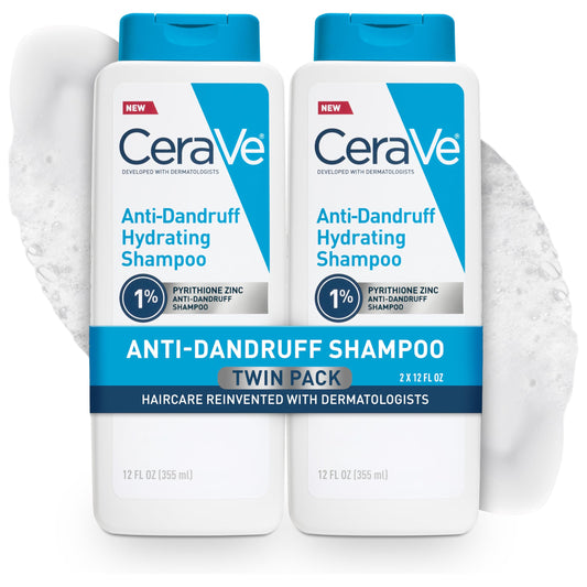 CeraVe Hydrating Anti Dandruff Shampoo, 1% Pyrithione Zinc Dandruff Treatment With Ceramides, Niacinamide, Hyaluronic Acid, Eliminate Flake,Provides Itchy Scalp Relief, Sulfate-Free, 12 Oz (Pack of 2)